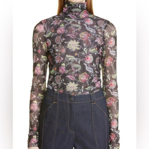 NWOT Cinq a Sept Paisley‎ Shirred Ivy Mesh Turtleneck Top - S - Picture 1 of 9